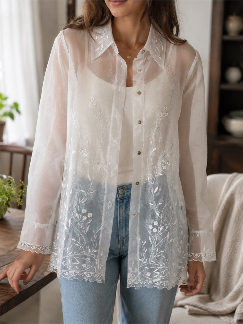 Bianca Nygard White Sheer Organza Embroidered Button-Front Blouse Size M